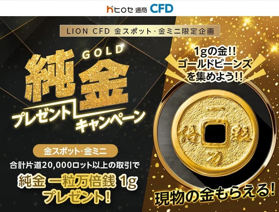 ヒロセ通商、LION CFDで純金1gが当たるキャンペーンを10月1日より実施