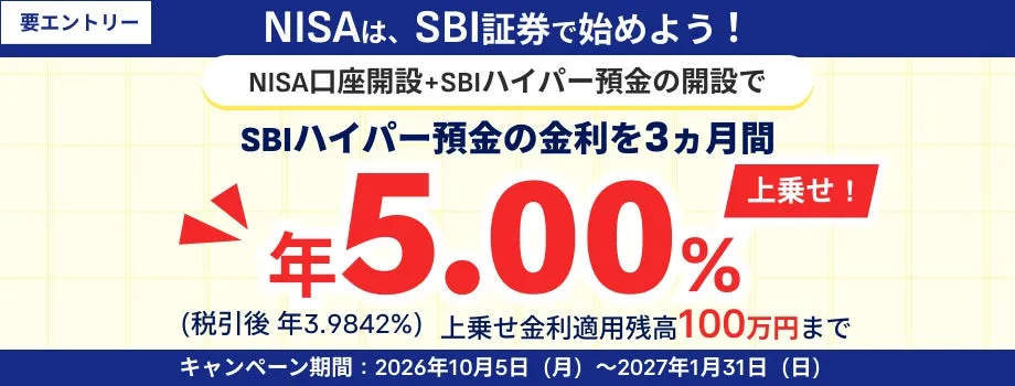 SBI新生銀行、NISA口座とSBIハイパー預金の開設で金利年5.00%上乗せキャンペーンを開始
