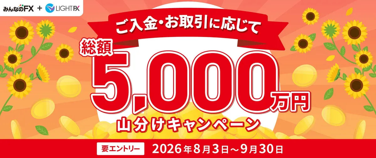 トレイダーズ証券、「みんなのFX」と「LIGHT FX」で総額5,000万円山分けキャンペーンを8月3日より開催
